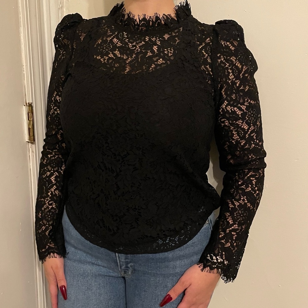 Gap Black lace print mock neck sheer top